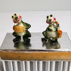 VTG Figurines Bone China by Bridge Japan Porcelain Frog Rag Time Band Set Of 2
